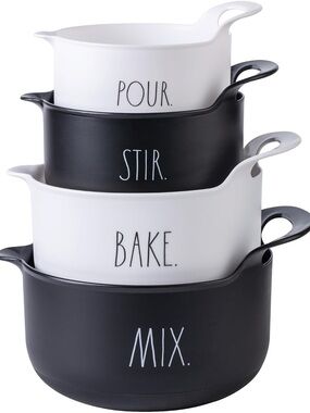 Rae Dunn Black & White Stackable Ceramic Prep Bowls - MIX STIR BAKE POUR